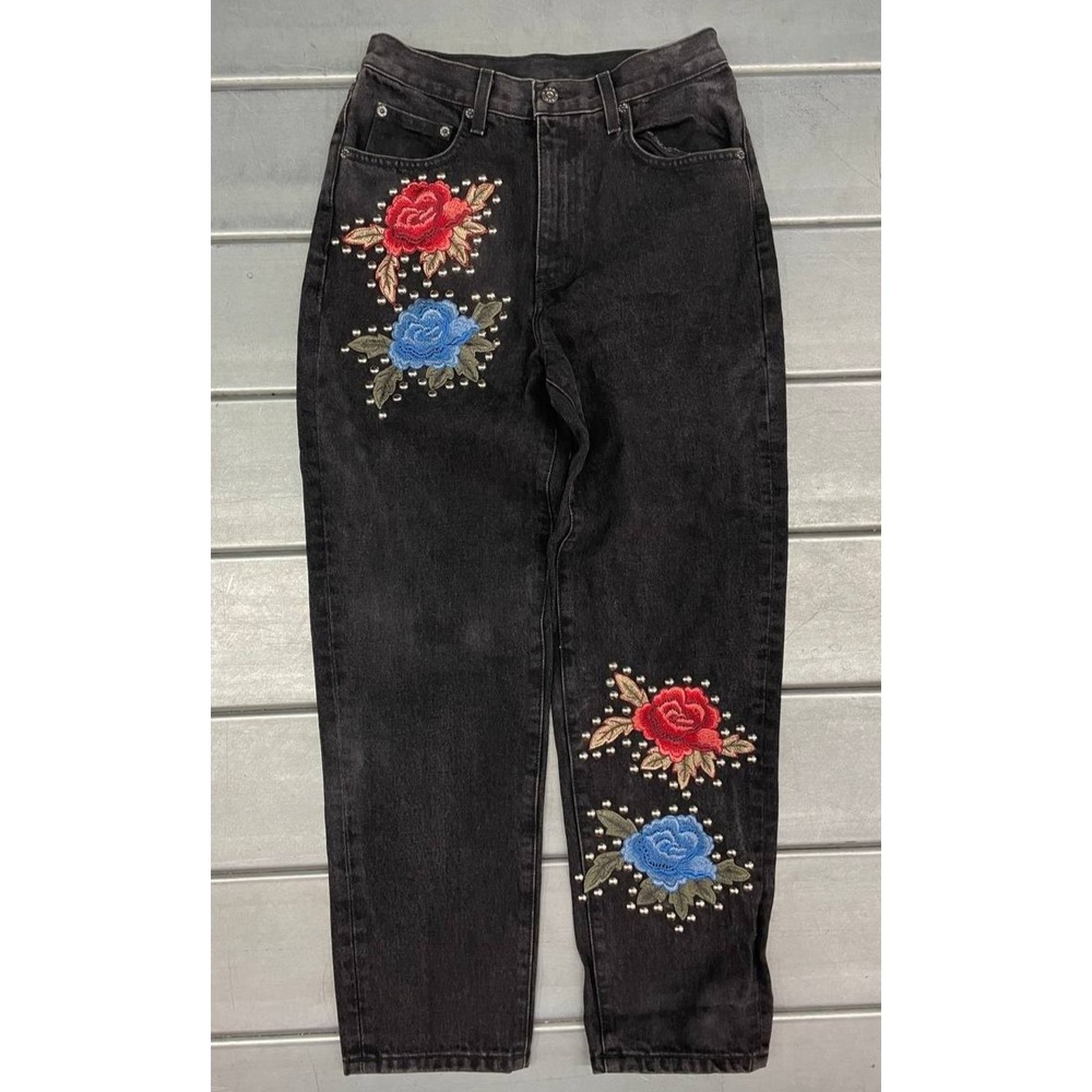 Carmar Embroidered Floral Rose Jeans Womens 26 Black High Rise Studded Denim‎